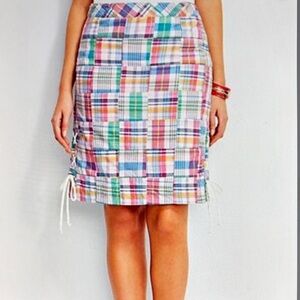 Talbots, Madras Colorful Plaid patchwork Skirt with lace-up side accents